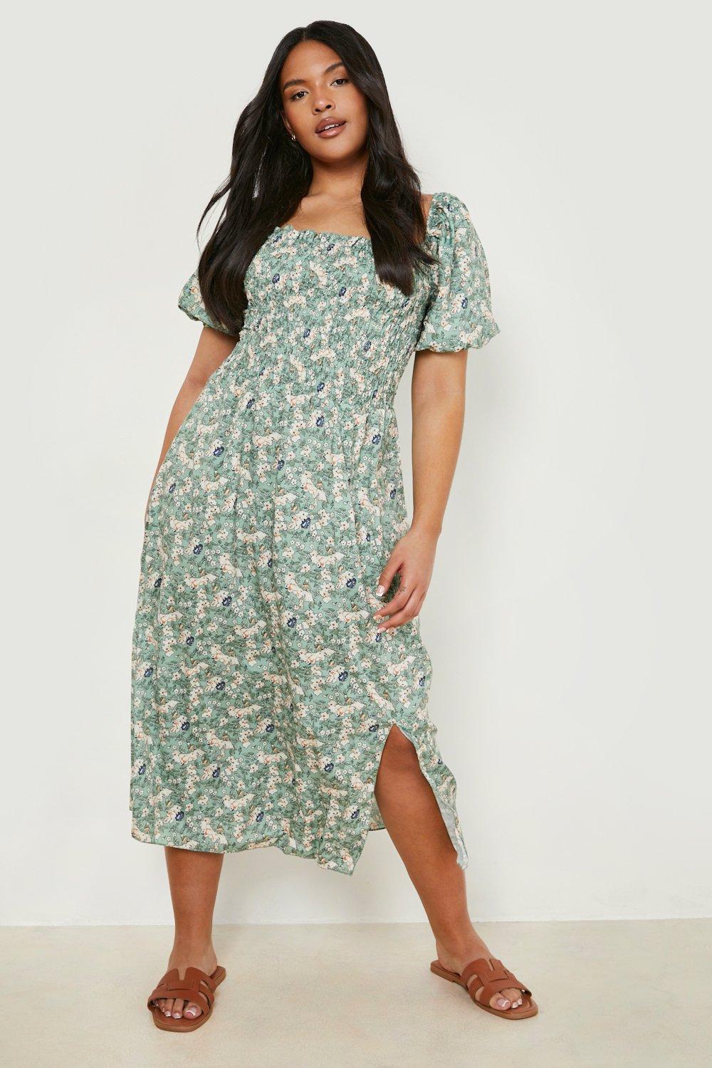 Plus Ditsy Floral Shirred Midi Dress