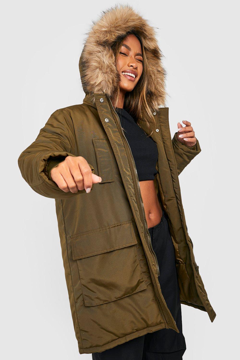 Khaki faux shop fur coat