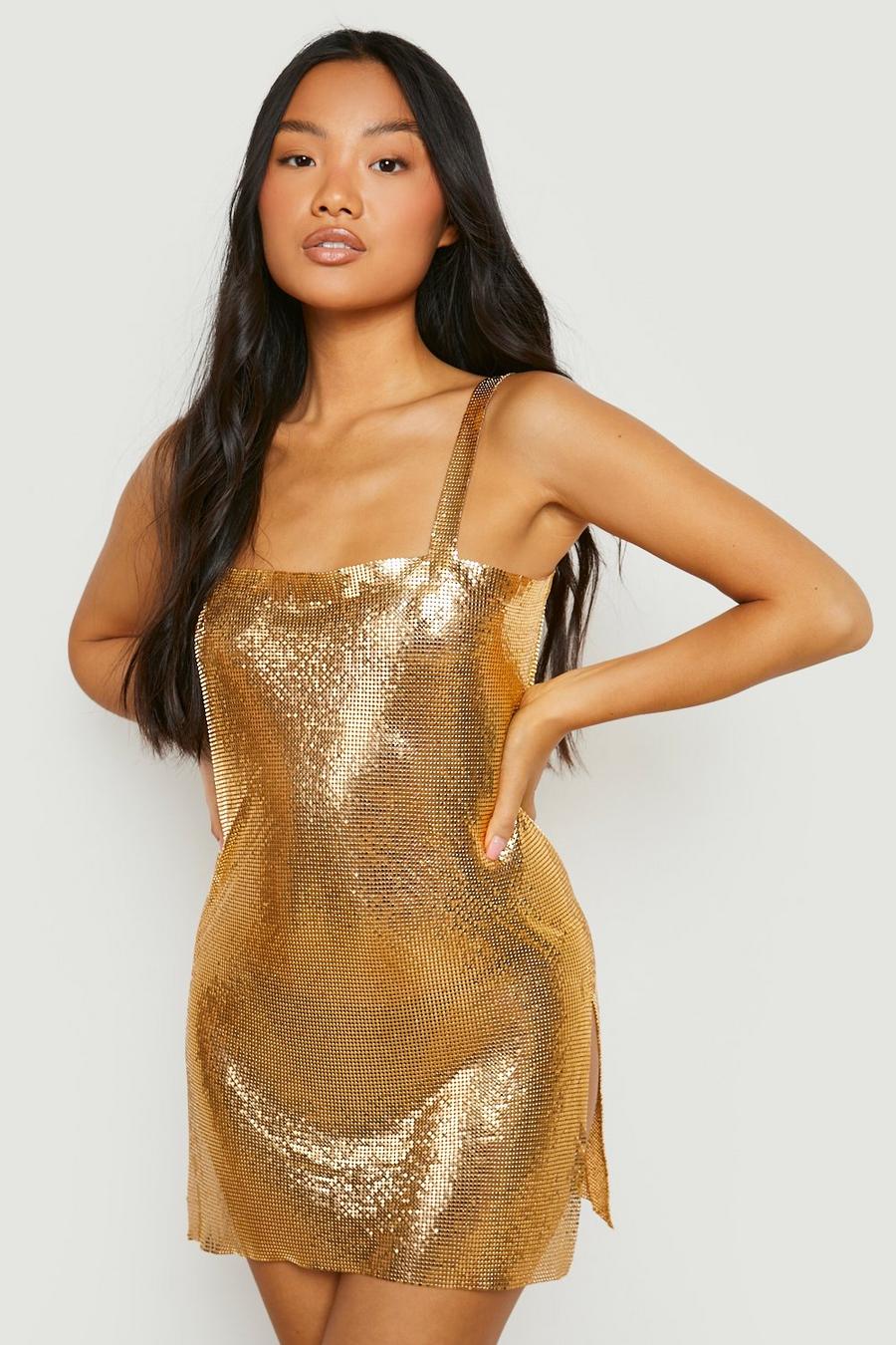 Gold Petite Chainmail Square Neck Mini Dress image number 1