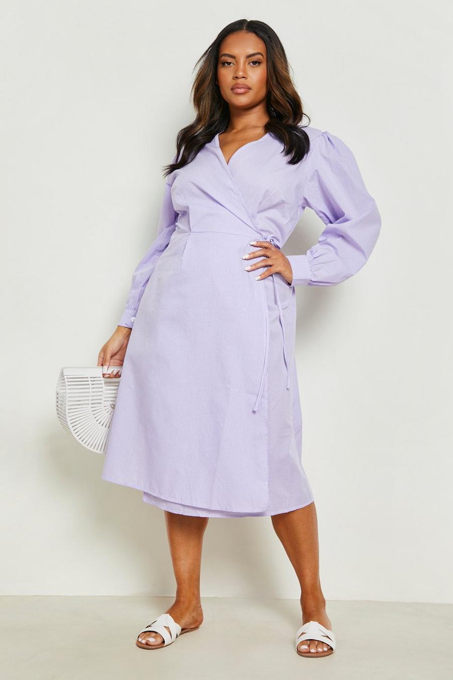 Lilac purple Plus Cotton Poplin Check Wrap Midi Dress