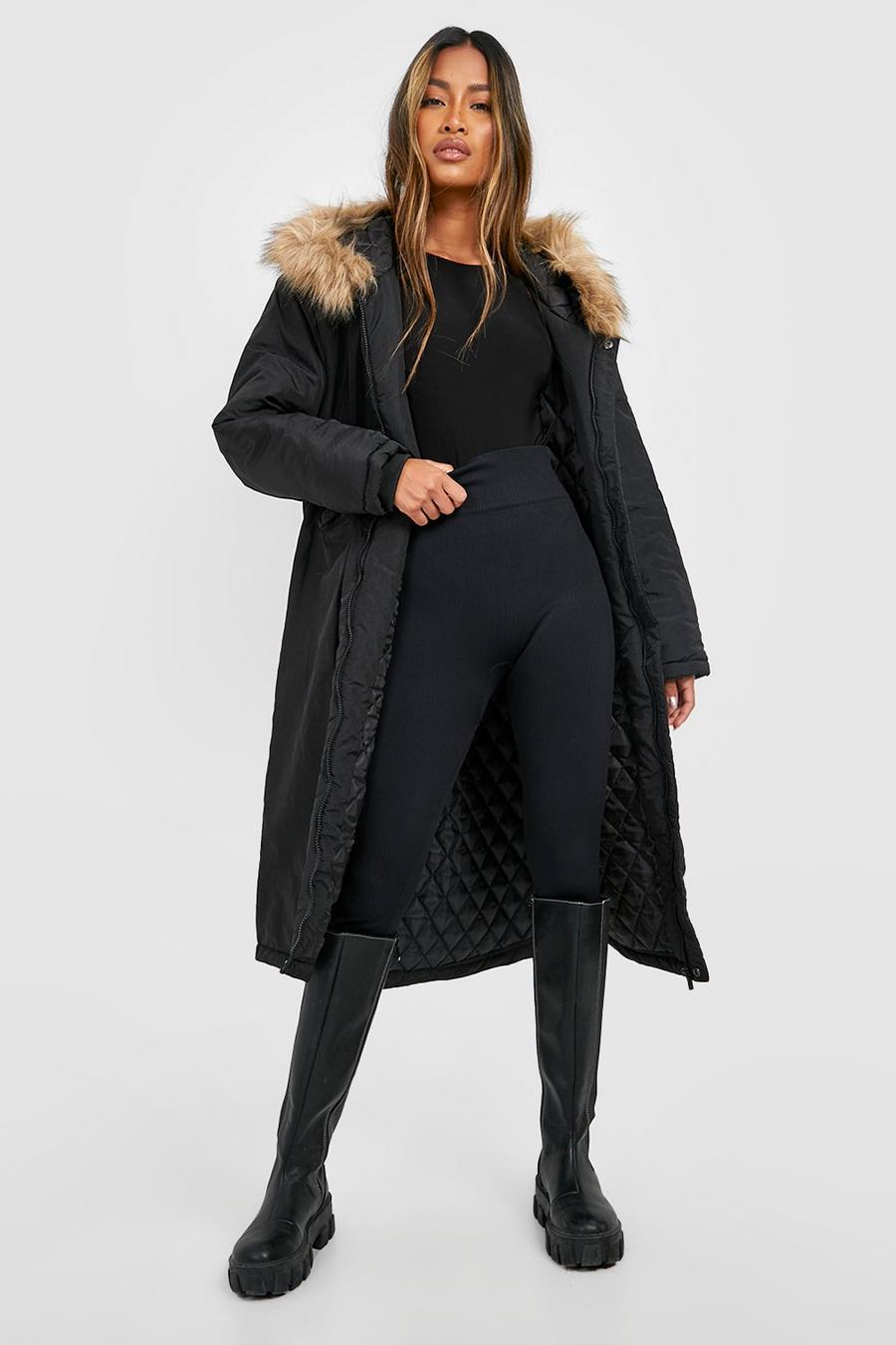 Black Faux Fur Trim Parka Coat