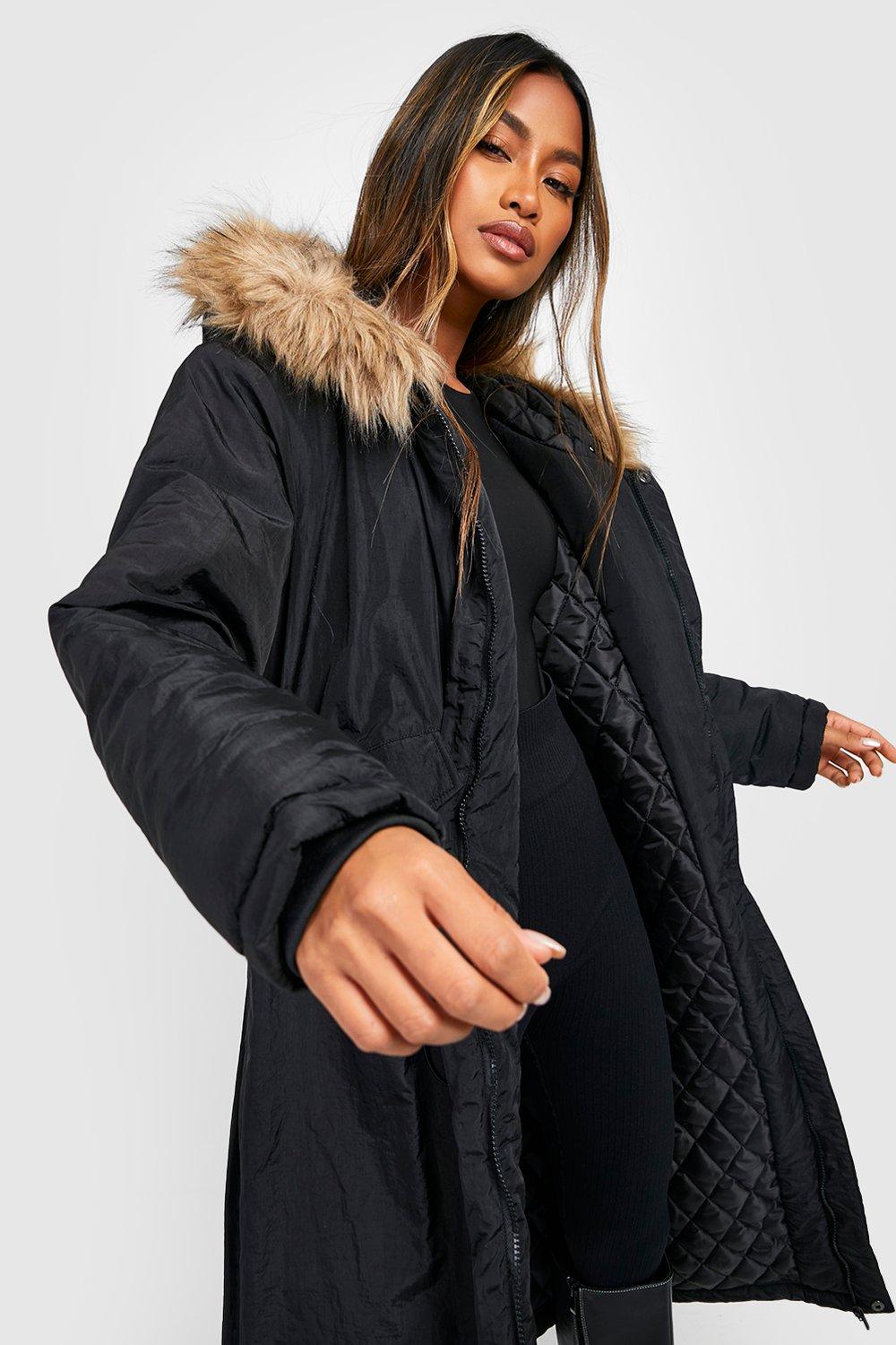 Boohoo black coat cheap with fur hood