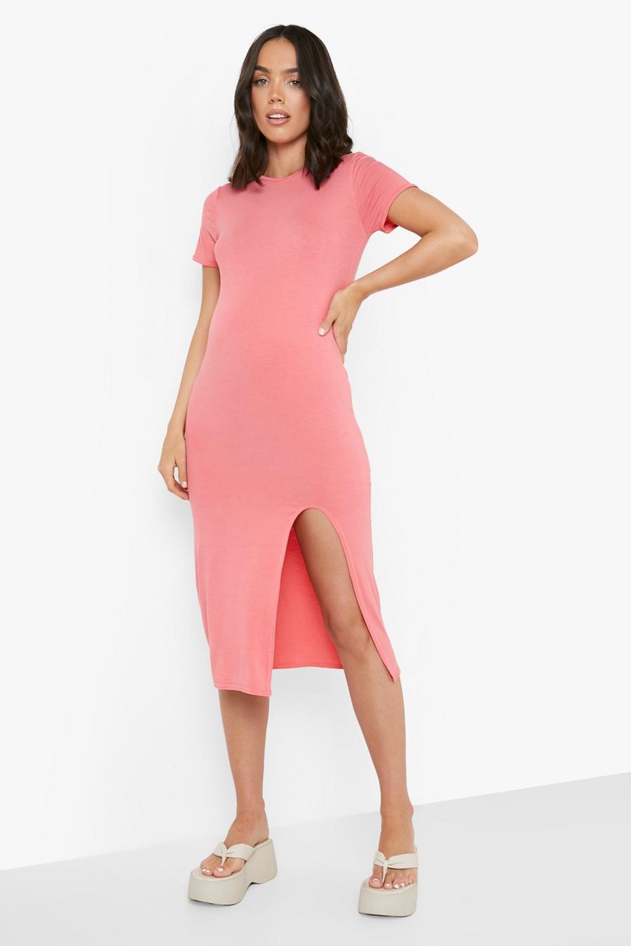 Coral pink Maternity Side Split Bodycon Midi Dress