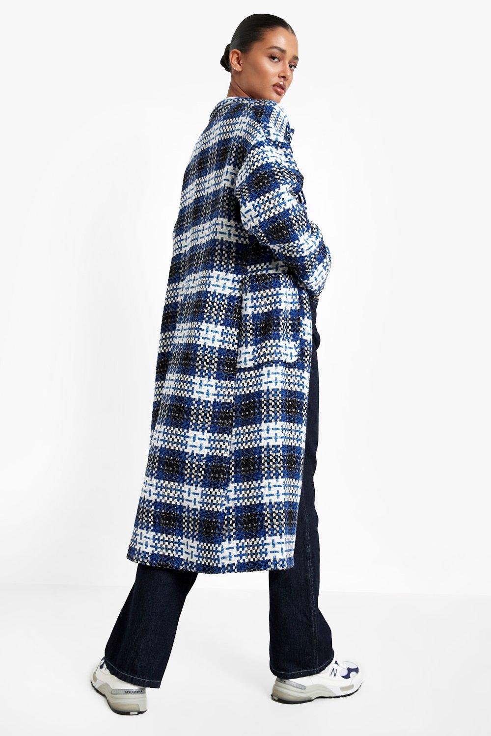 Blue Check Oversized Wool Look Coat