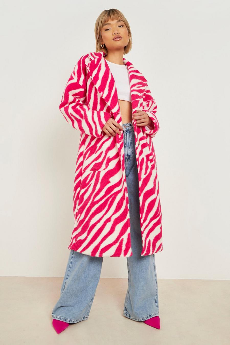 Pink Animal Print Oversized Wool Look Coat  image number 1