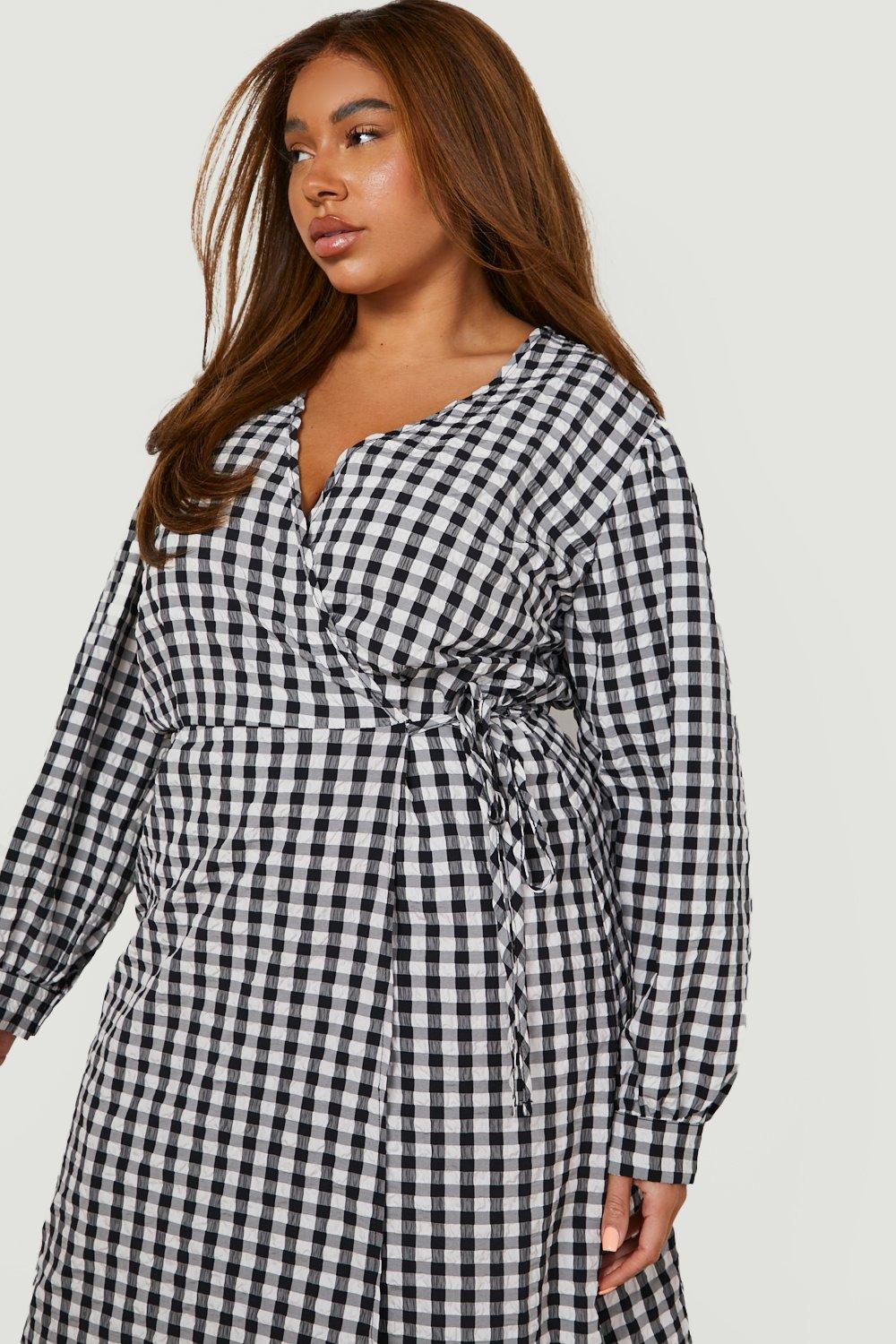 Plus Gingham Seersucker Midi Wrap Dress ...