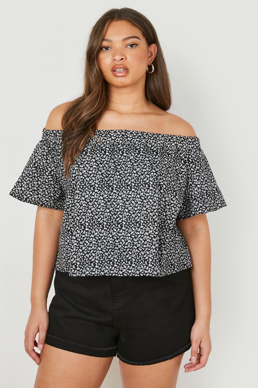 Black Plus Ditsy Floral Poplin Bardot Top image number 1