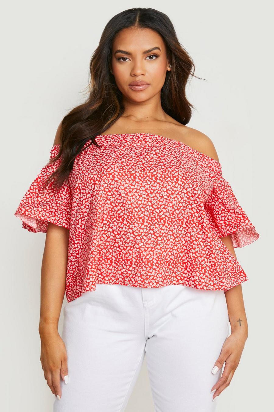 Red Plus Ditsy Floral Poplin Bardot Top image number 1