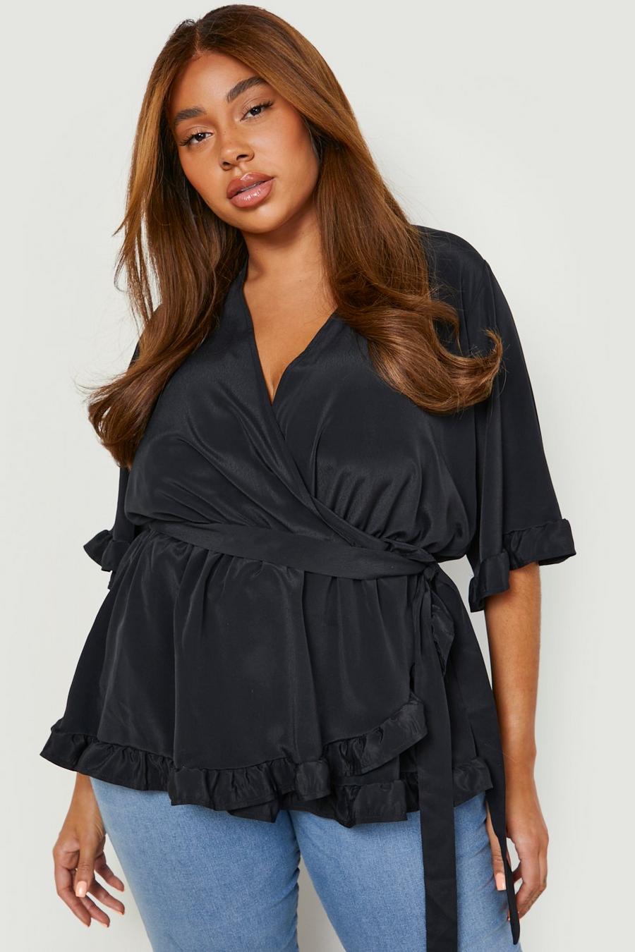 Black Plus Ruffle Woven Wrap Top image number 1