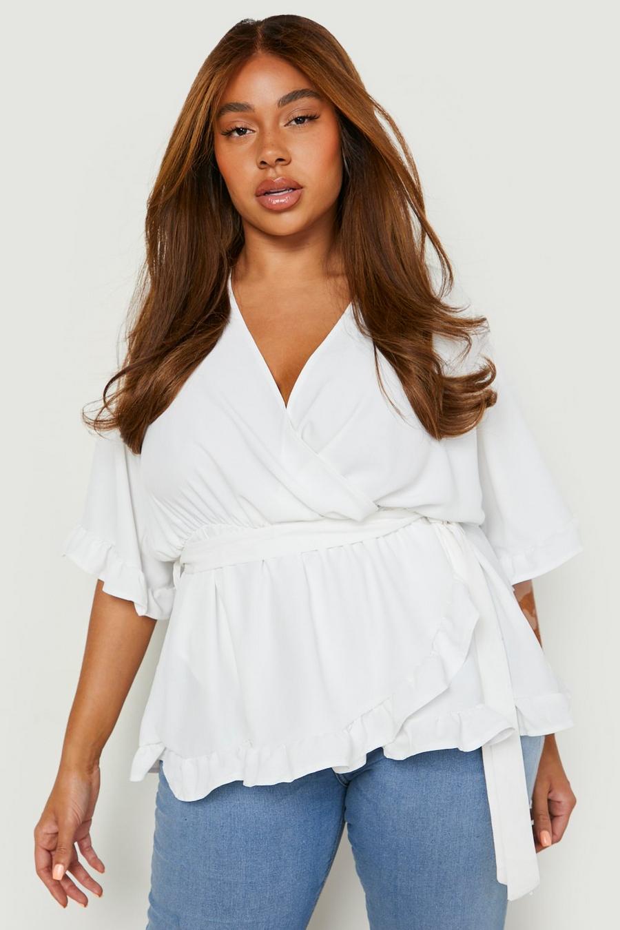 White Plus Ruffle Woven Wrap Top image number 1