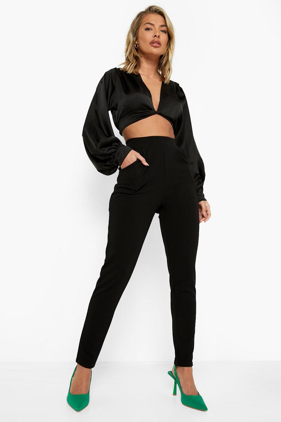 Black svart High Waisted Pleat Front Tapered Work Trousers