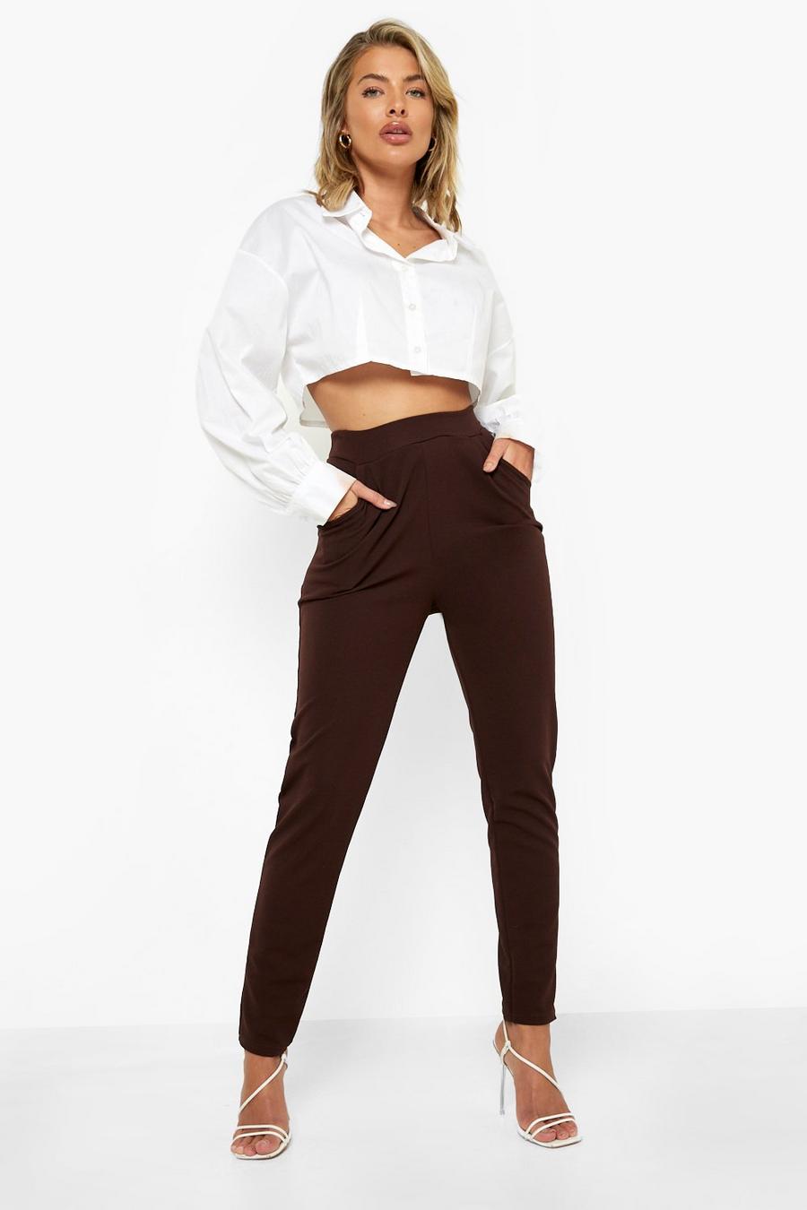 Chocolate High Waisted Pleat Front Tapered Work Pants