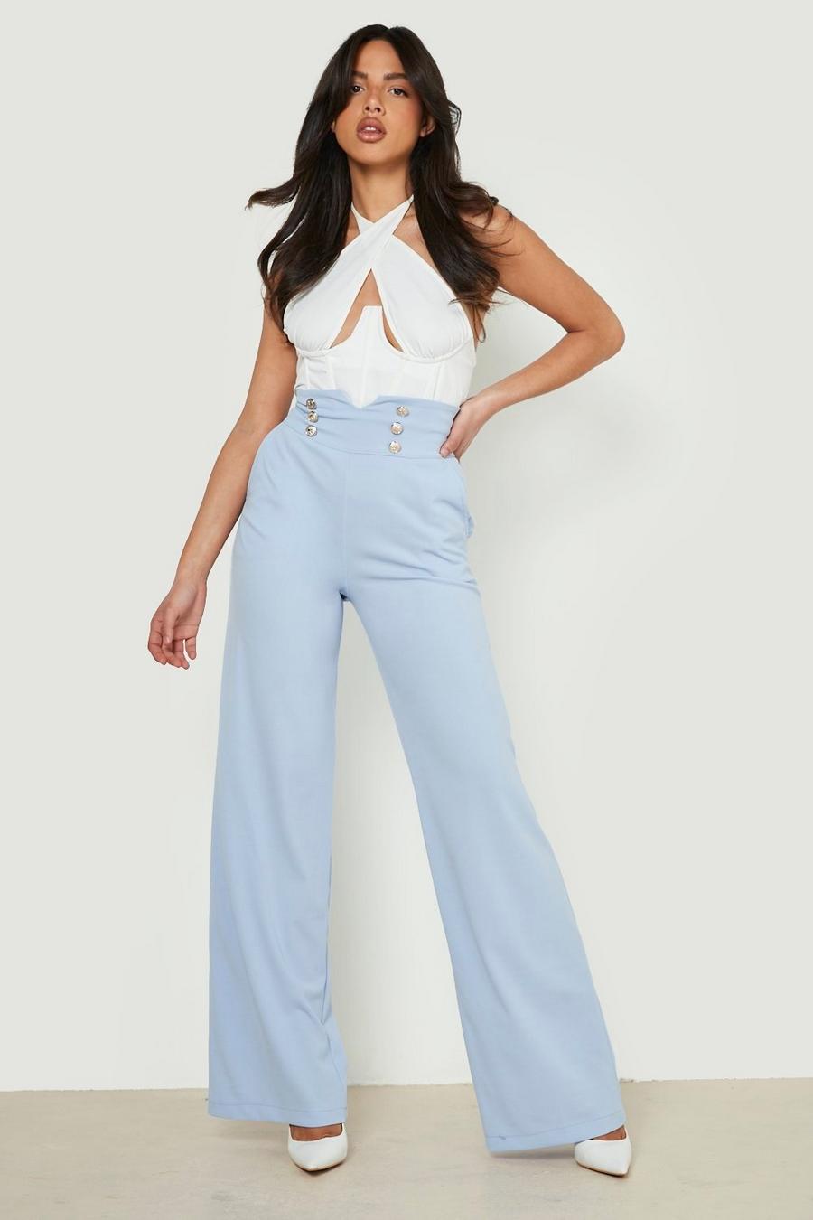 Pale blue Button Front High Waist Flare Pants image number 1