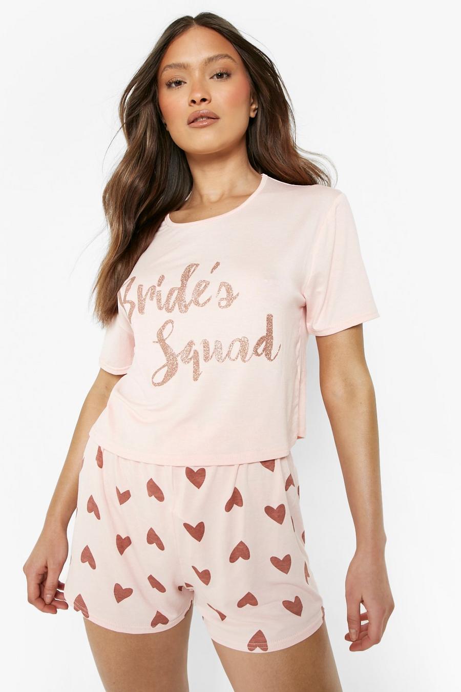 Pijama de pantalón corto con estampado Bride's Squad de purpurina, Blush rosa