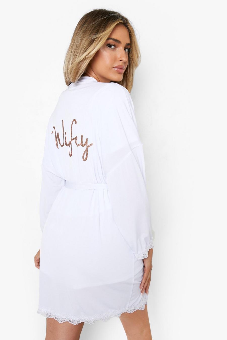 White Wifey Glitter & Lace Robe  image number 1