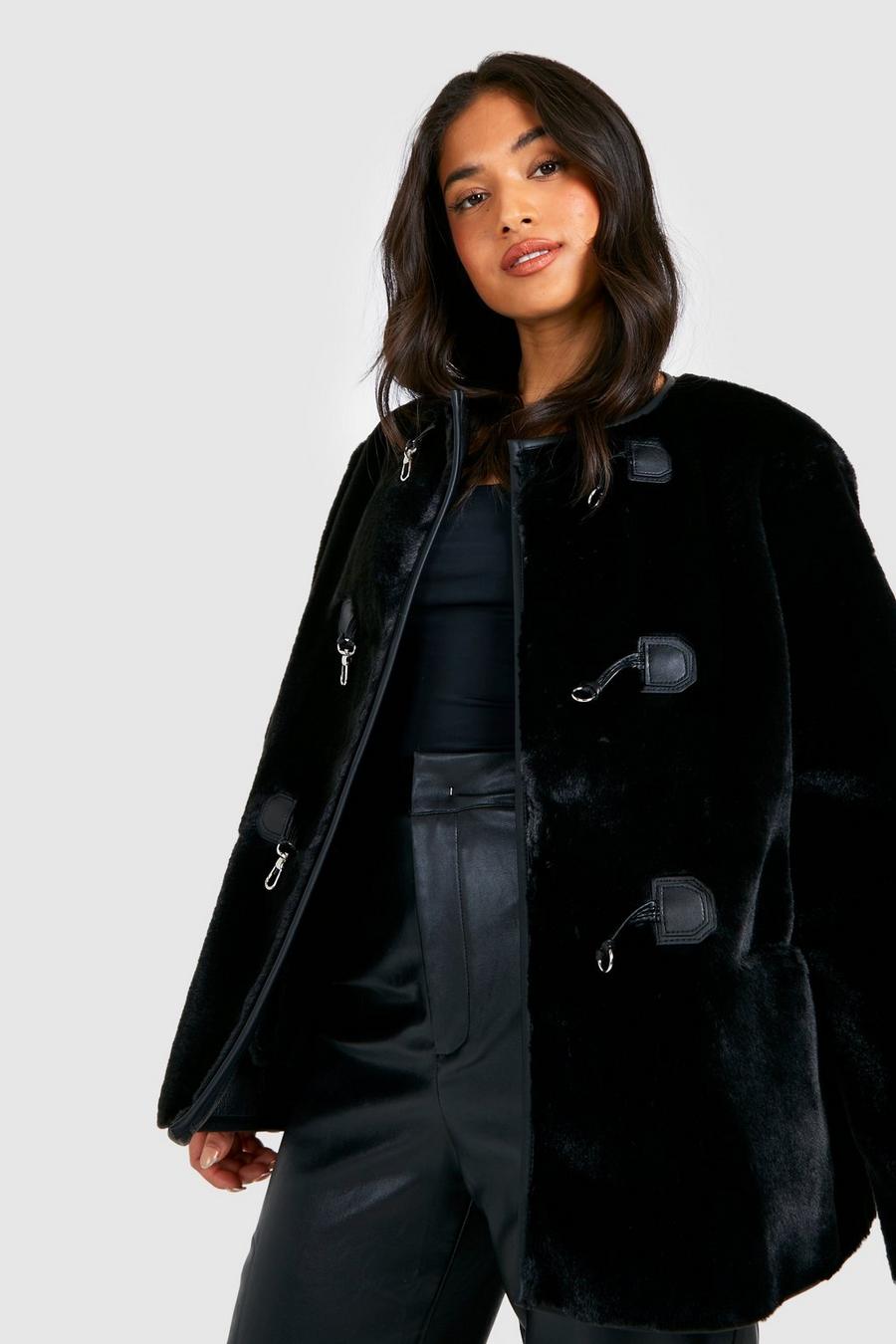 Black Petite Faux Fur Buckle Detail Coat