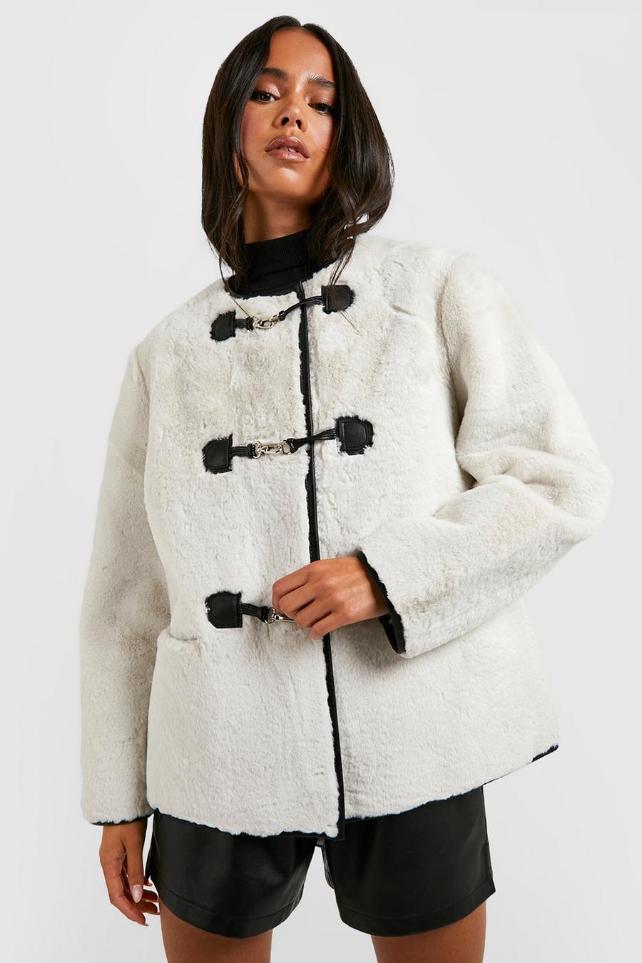Cream white Petite Faux Fur Buckle Detail Coat