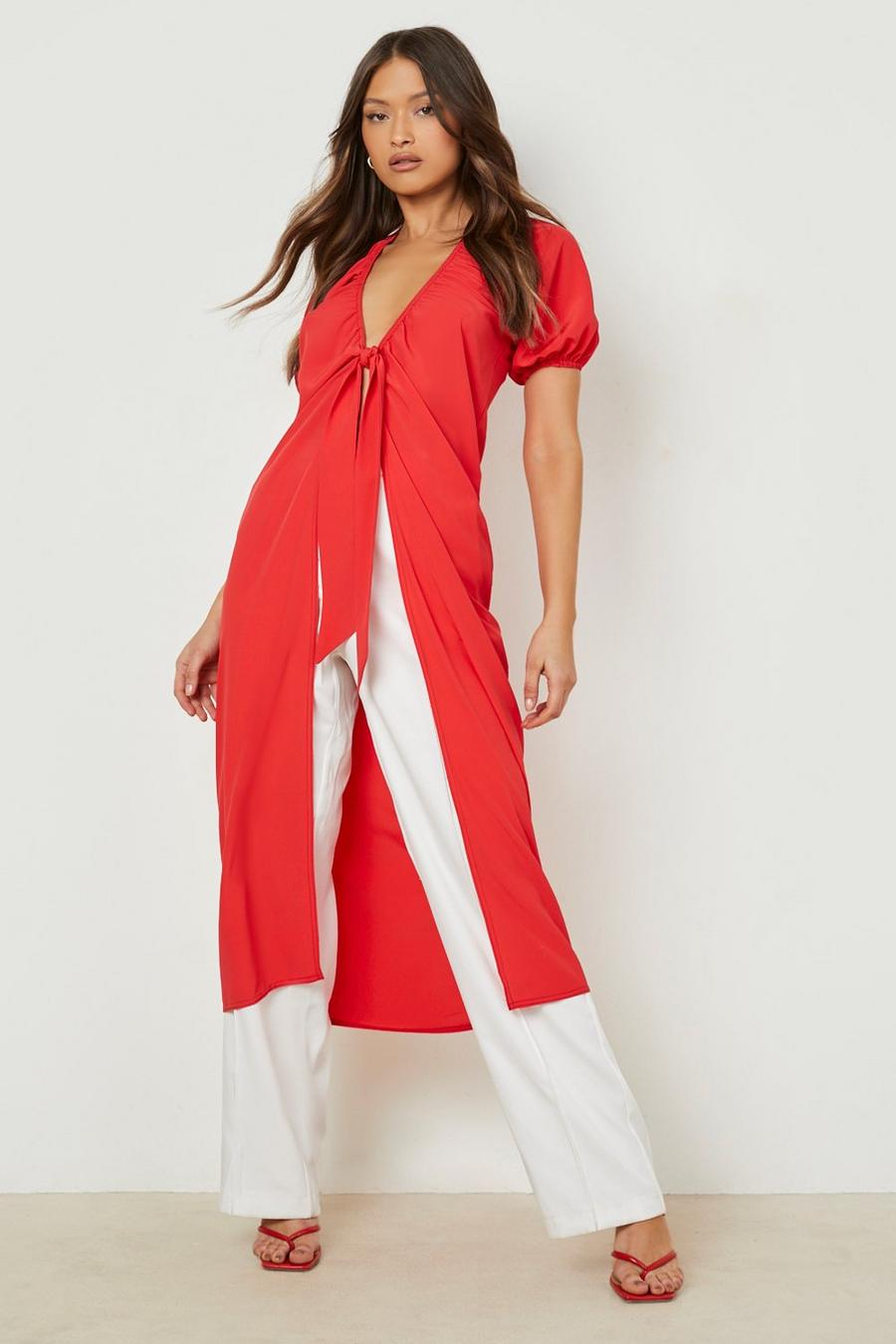 Red Puff Sleeve Woven Kimono