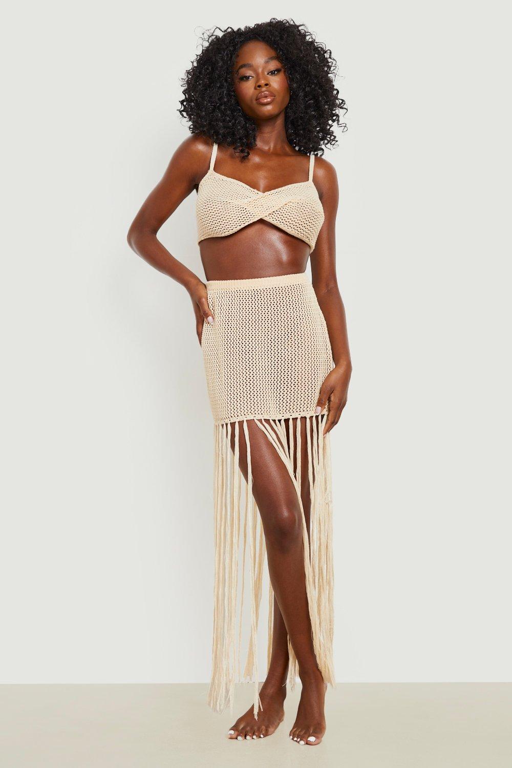 Fringed Crinkle Bralette And Maxi Skirt Set