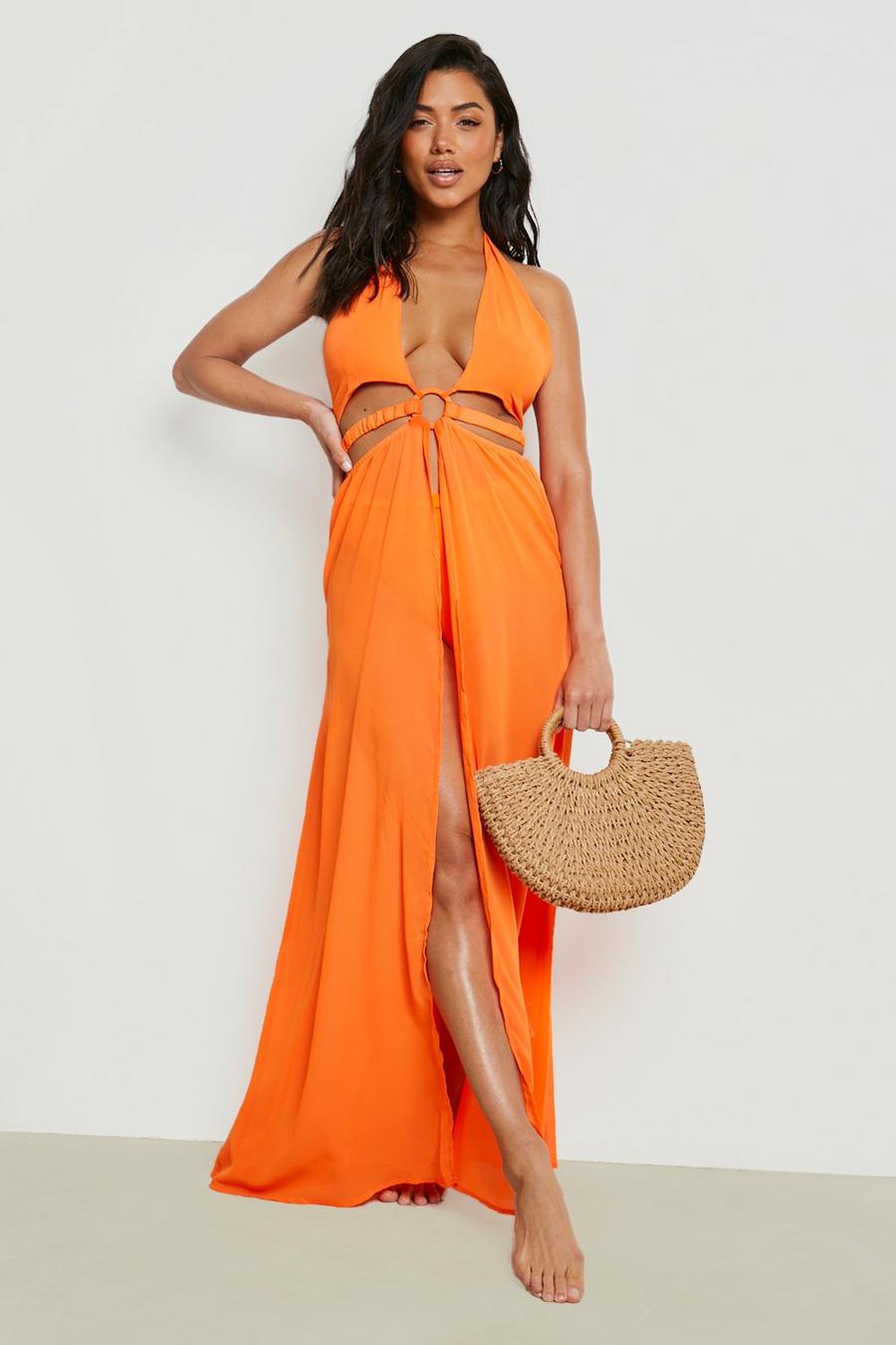 Orange Chiffon Plunge O Ring Open Maxi Dress image number 1