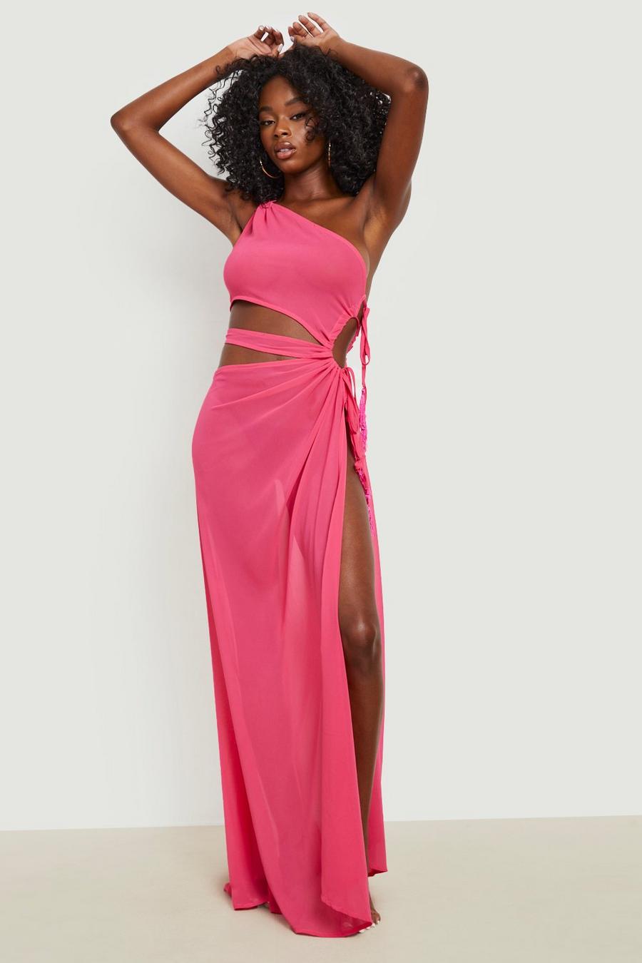 Pink One Shoulder Cut Out Maxi Beach Dress image number 1