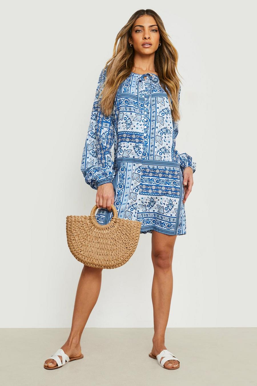 Blue Paisley Puff Sleeve Romper image number 1