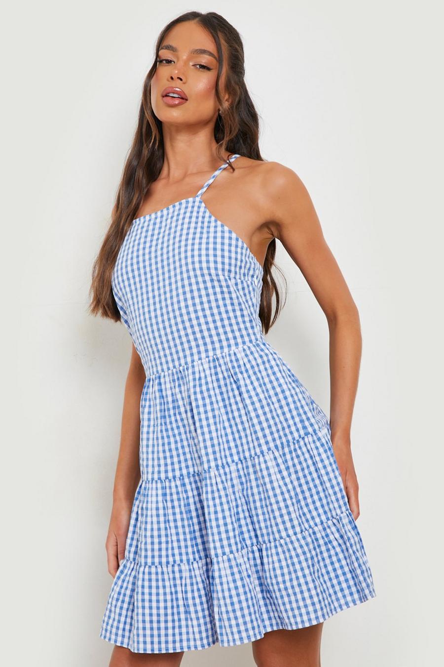Blue Woven Crinkle Gingham Strappy Smock Dress