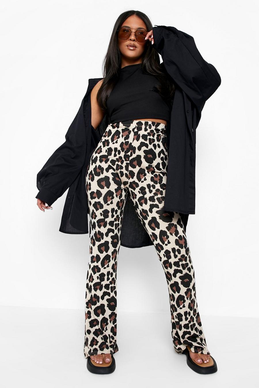 Pantaloni a zampa Plus Size con stampa leopardata, Brown marrone