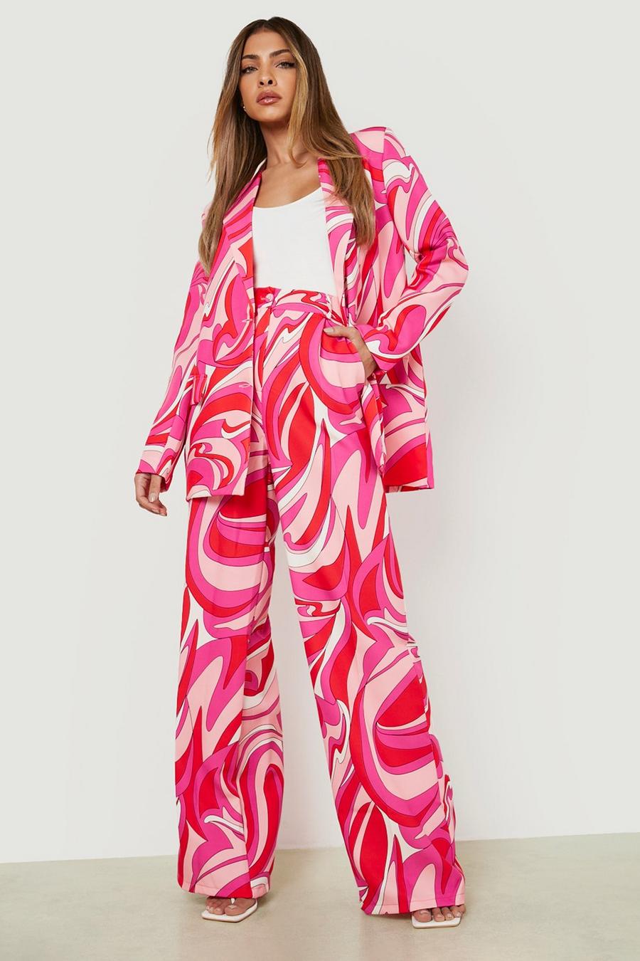 Hot pink rosa Abstract Print Wide Leg Trousers