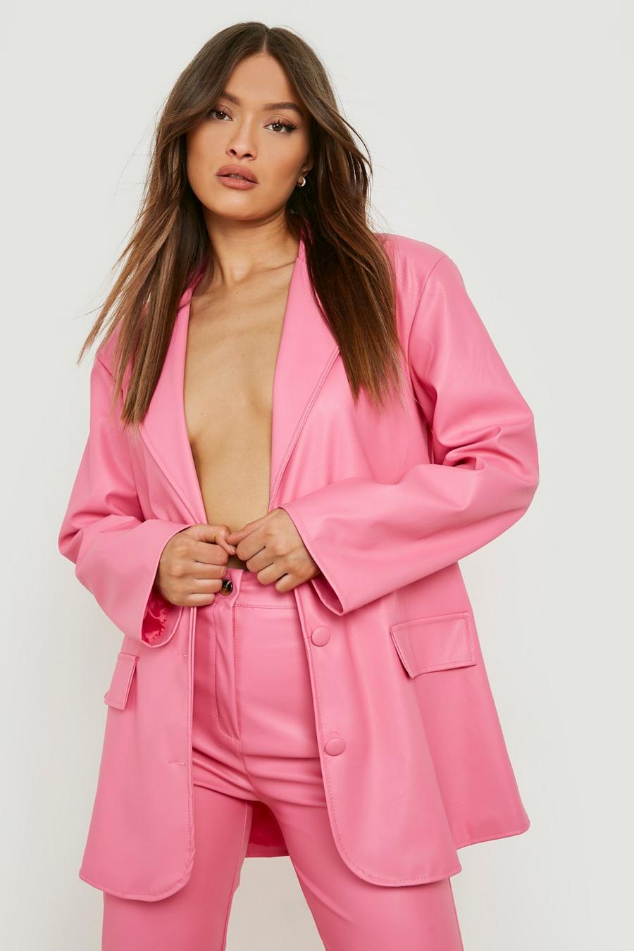 Candy pink rose Leather Look Oversized Blazer  image number 1