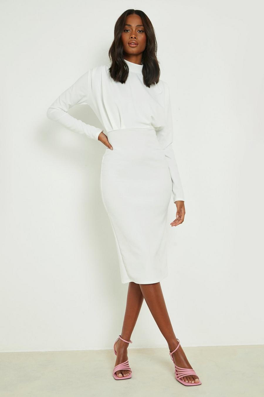 Ivory white Pleat Detail High Neck Midi Dress