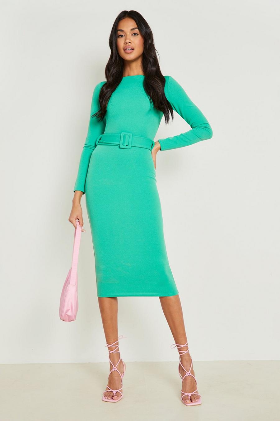Bright green Boat Neck Belted Midi Dress image number 1