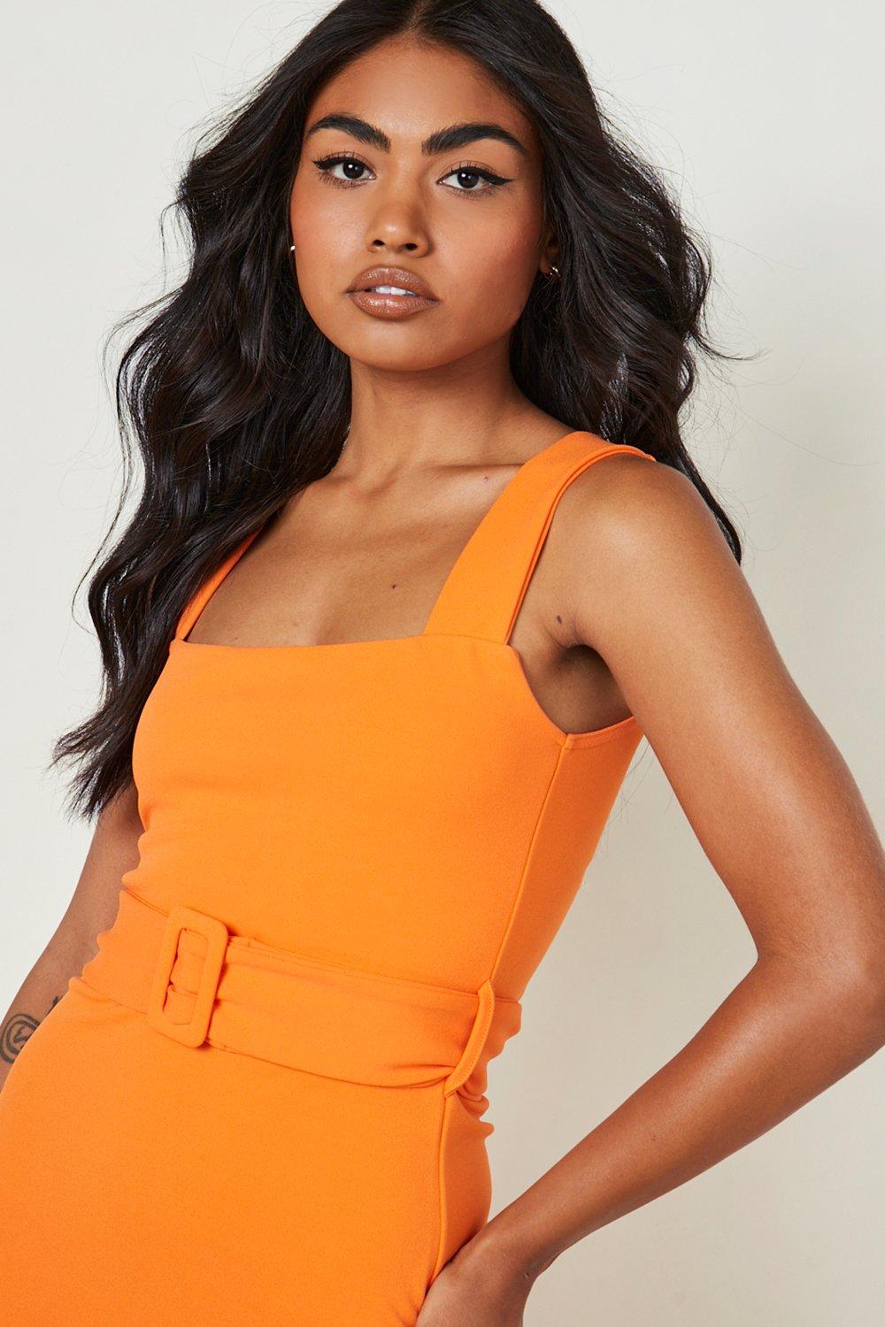 Bright orange strappy square neck shop bodycon dress