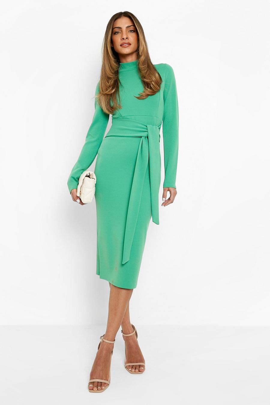 Bright green High Neck Tie Waist Fitted Midi Dress image number 1
