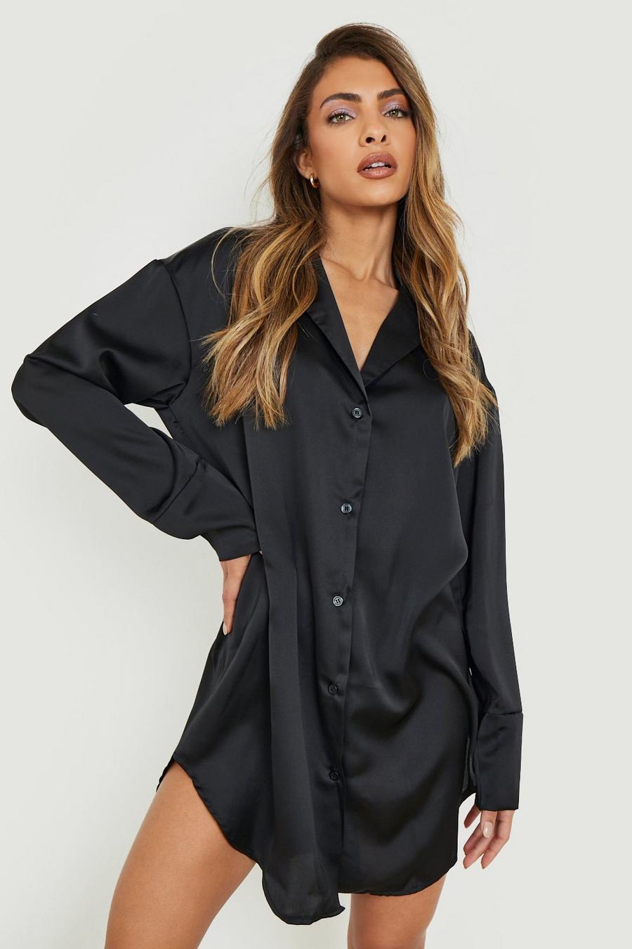 Black Oversize skjortklänning i satin image number 1