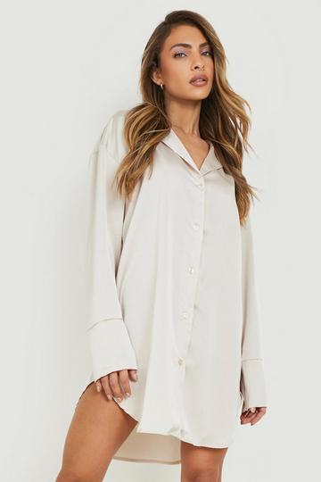 Cream White Satin Oversized Shirt Dress