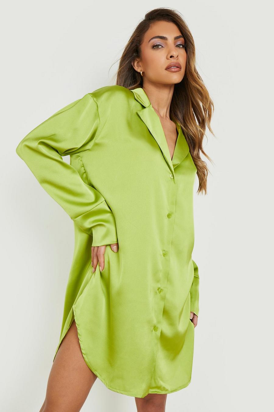 Olive green Satin Oversized Shirt Dress image number 1