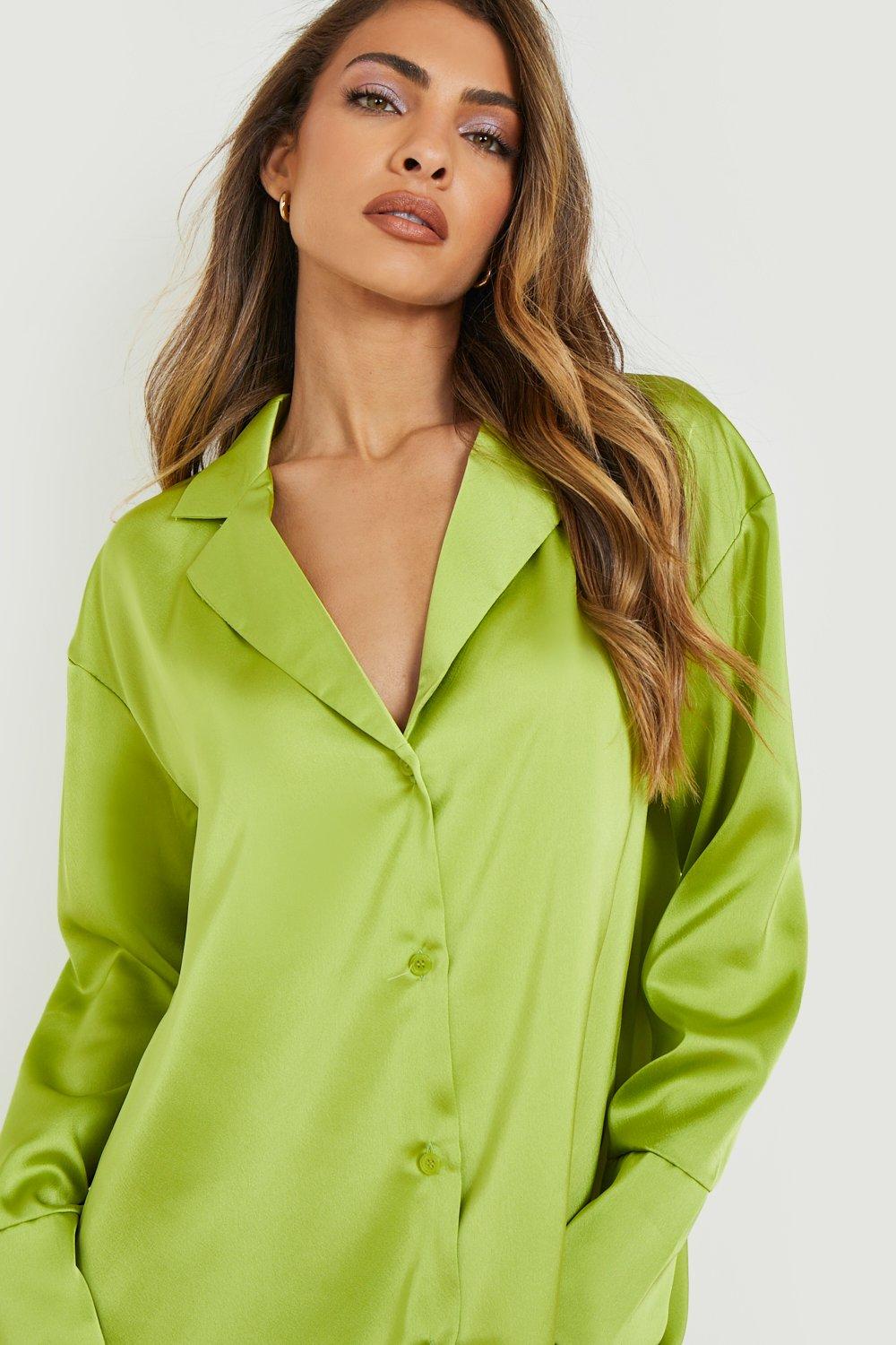 Satin shirt dress - Dark khaki green - Ladies