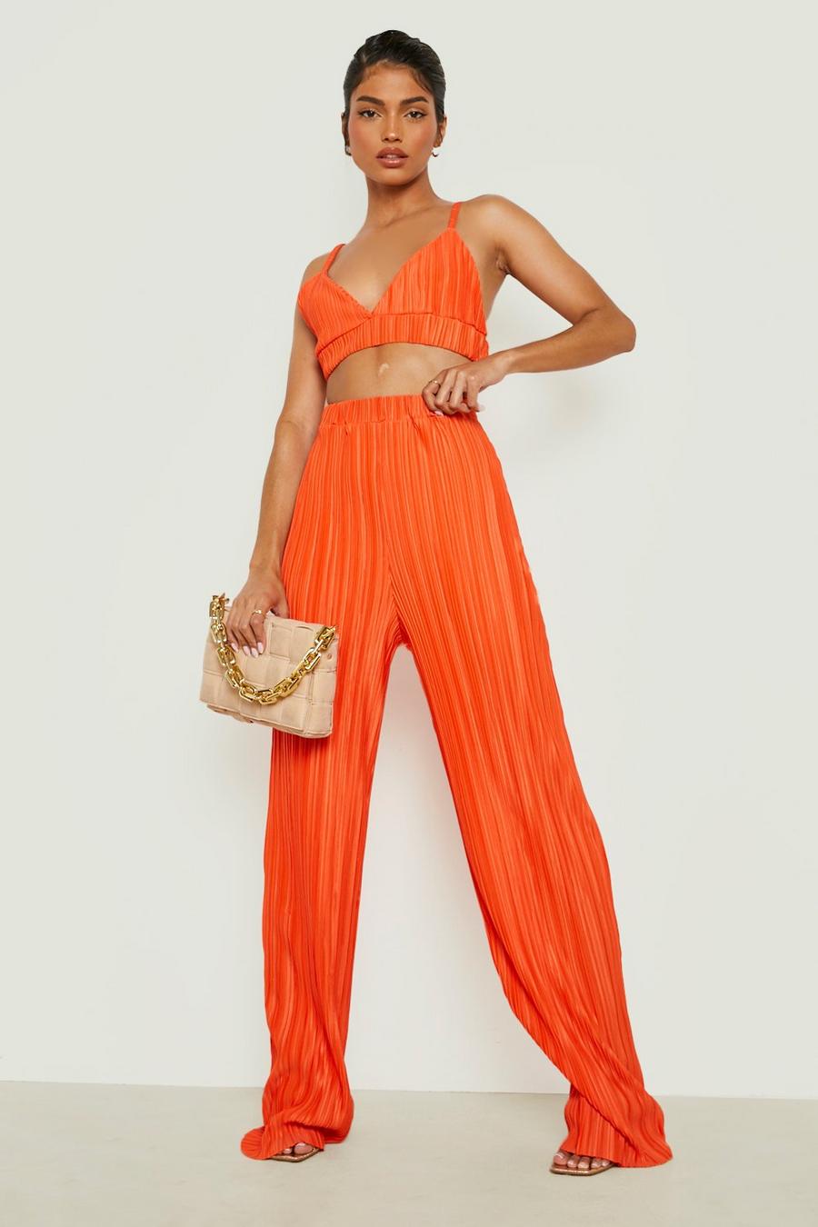 Orange Plisse Bralette & Wide Leg Trouser Set image number 1