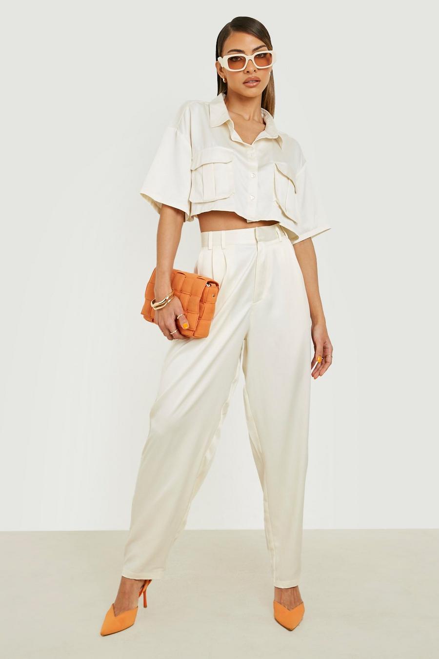 Stone beige Satin Pleat Detail Relaxed Fit Trousers 