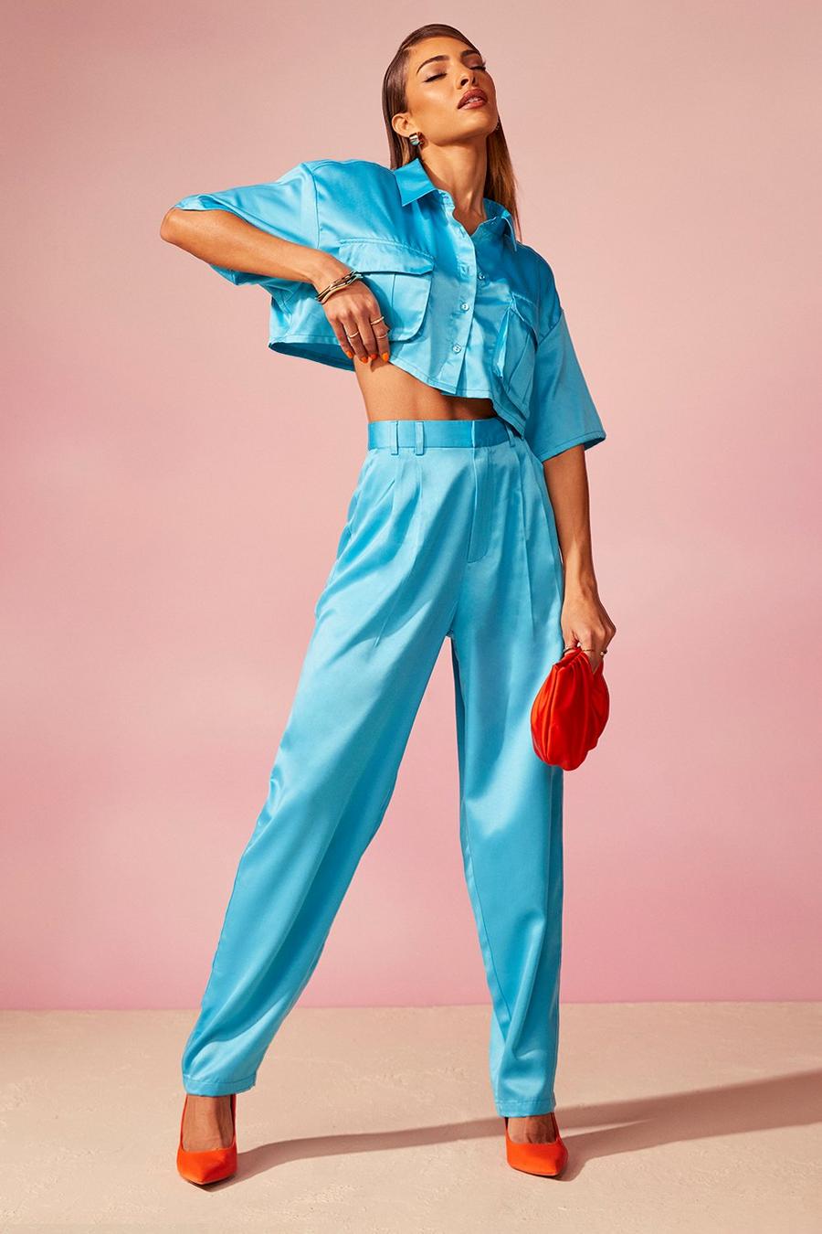 Turquoise Satin Pleat Detail Relaxed Fit Pants image number 1