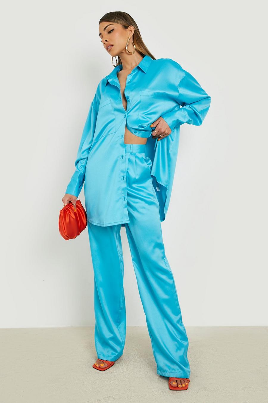 Turquoise Satin Wide Leg Pants image number 1