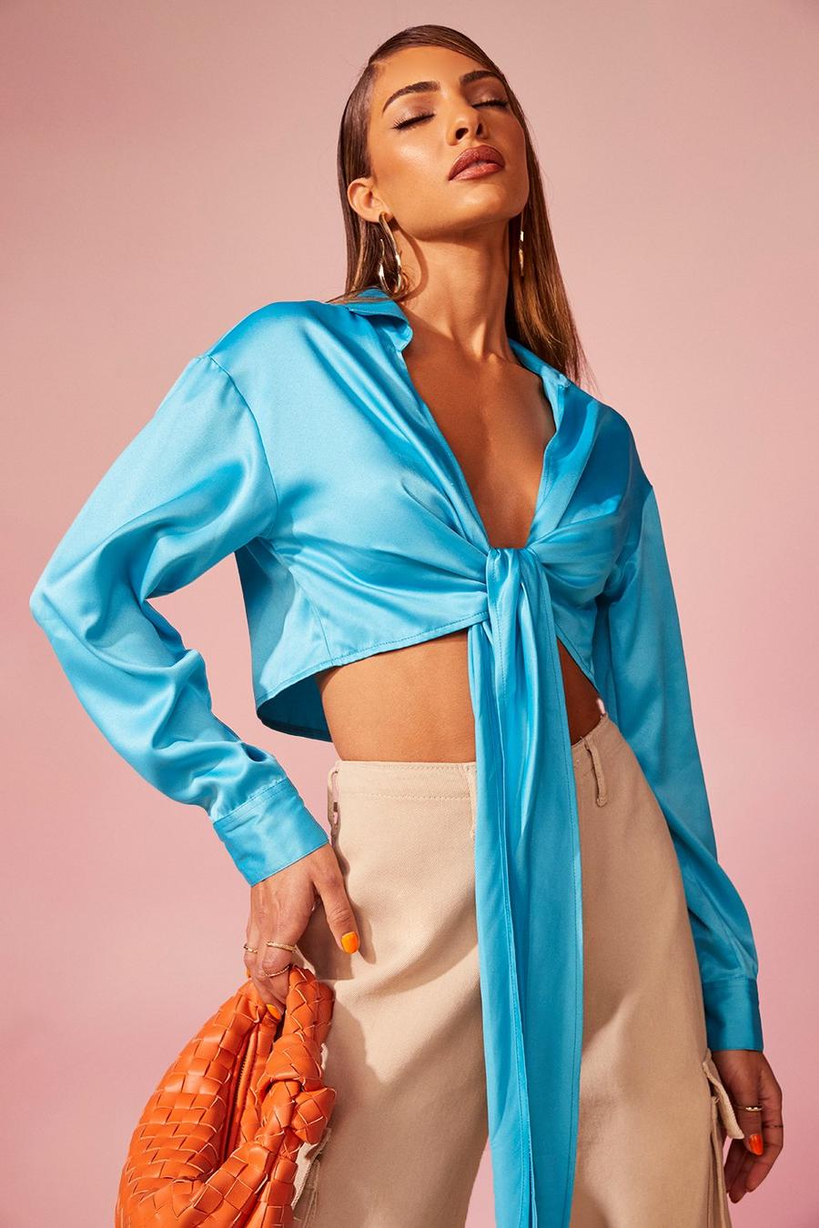 Turquoise Satin Tie Front Shirt 