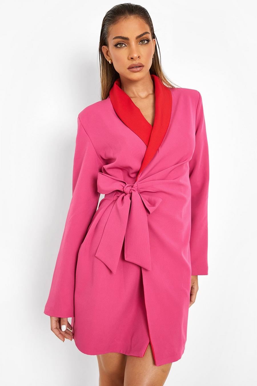 Hot pink rosa Contrast Collar Tie Side Blazer Dress