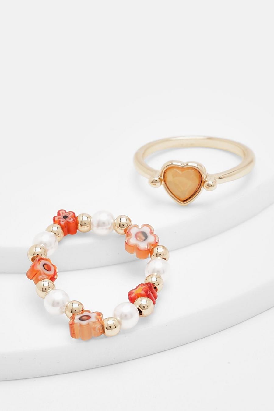 Orange ringar med hjärta och pärlor (3-pack) image number 1