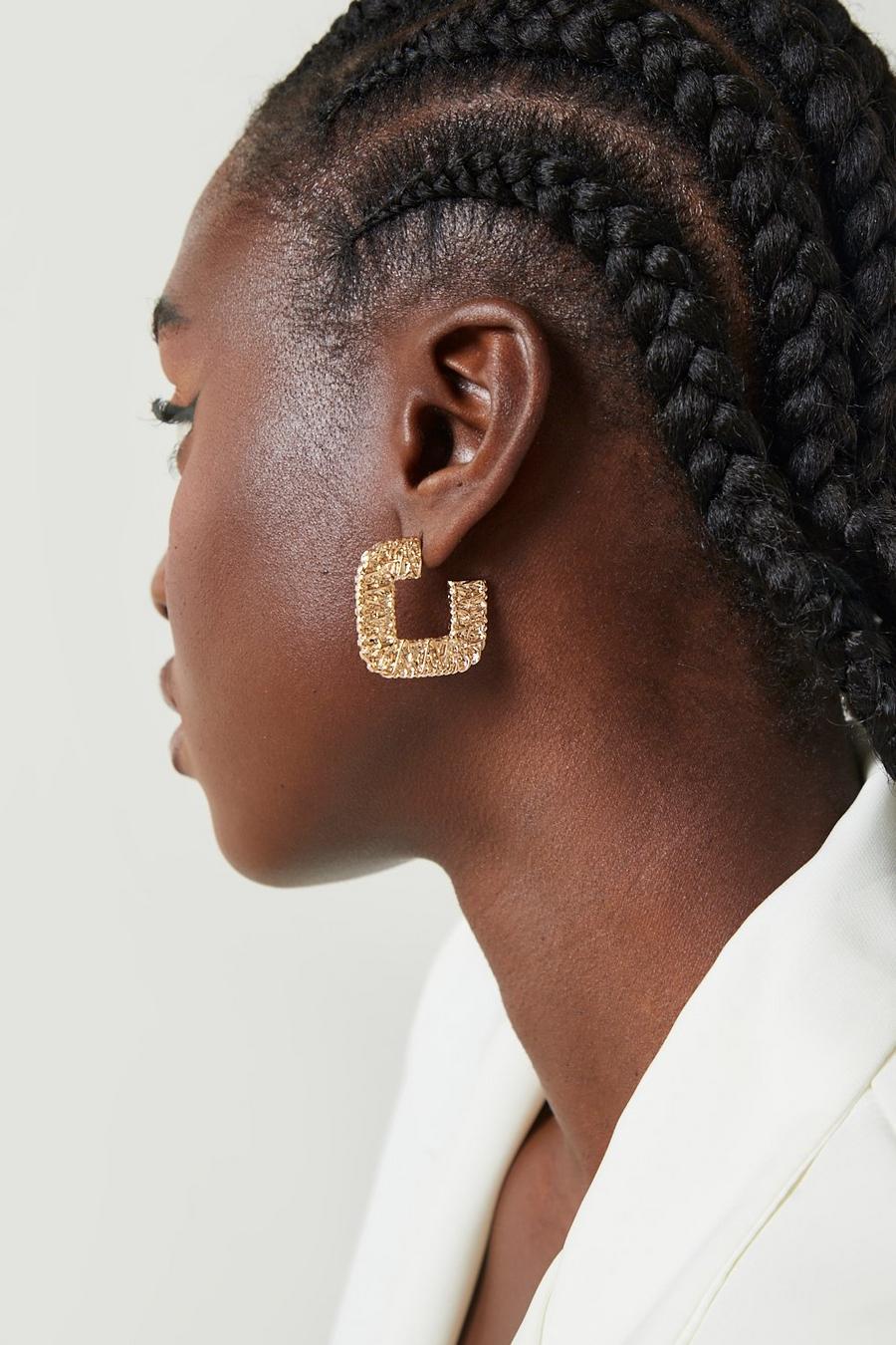 Gold Square Textured Statement Hoops  image number 1