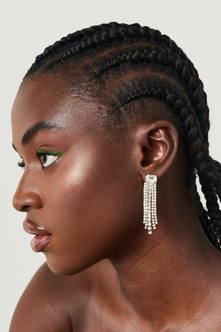 Silver Mini Diamante Tassel Statement Earrings  image number 1