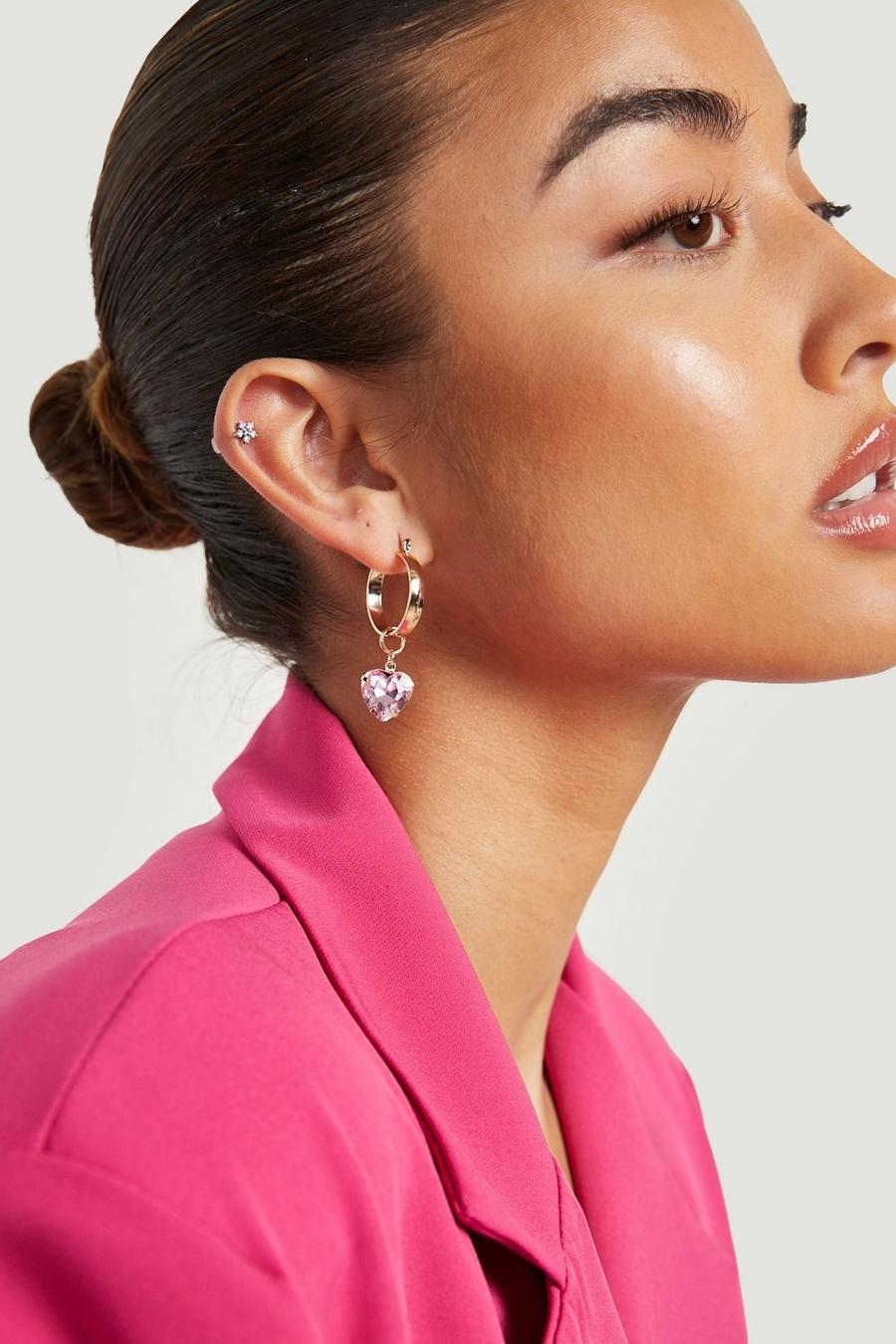 Gold metallic Mini Pink Heart Drop Statement Earrings 