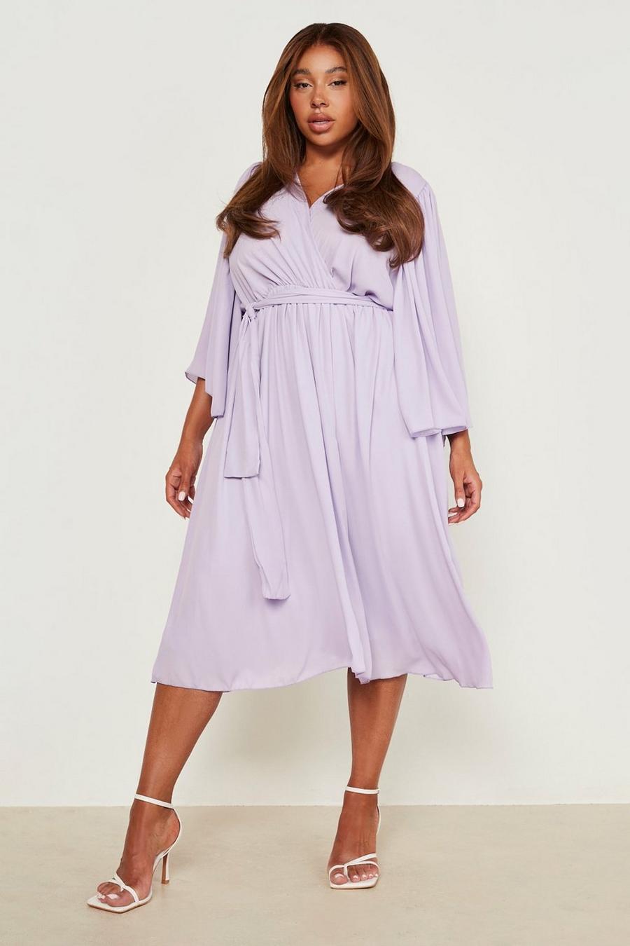 Lilac Plus Angel Sleeve Wrap Midi Dress image number 1