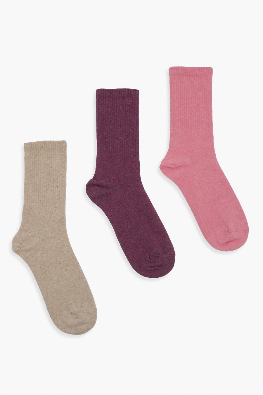 מולטי multi מארז 3 זוגות גרביים מבד ממוחזר בצבע ניטרלי, סגול וורוד